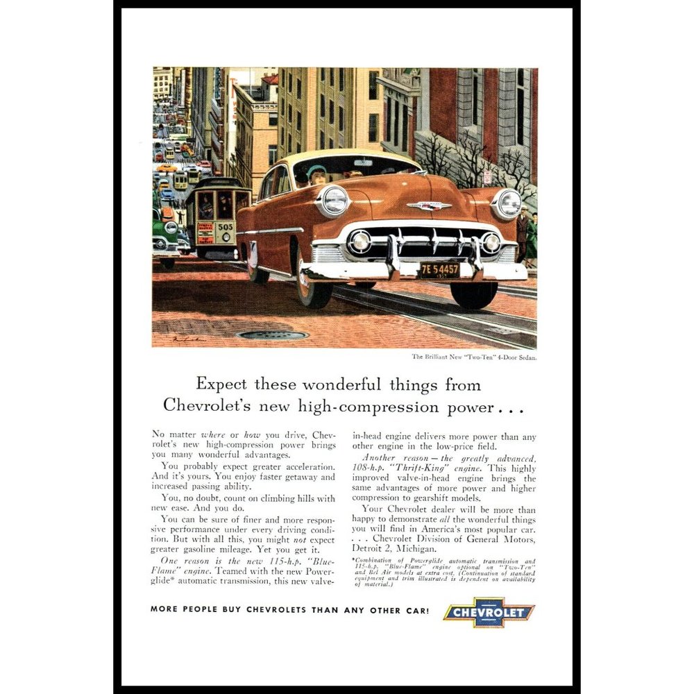 1953 Chevy Two-Ten Sedan Vintage Print Ad Street Car Cobblestone Wall Art